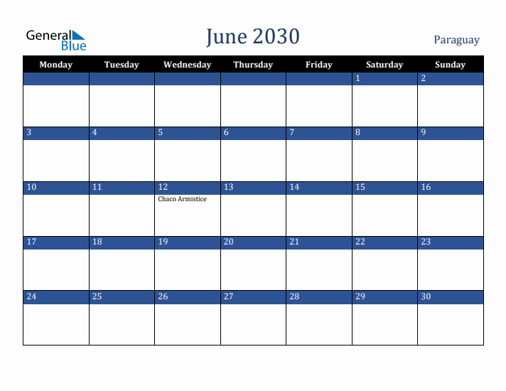 June 2030 Paraguay Calendar (Monday Start)