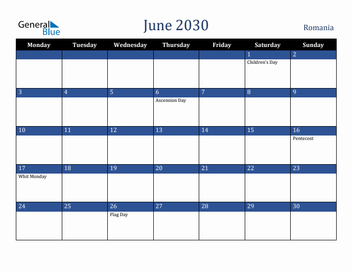June 2030 Romania Calendar (Monday Start)