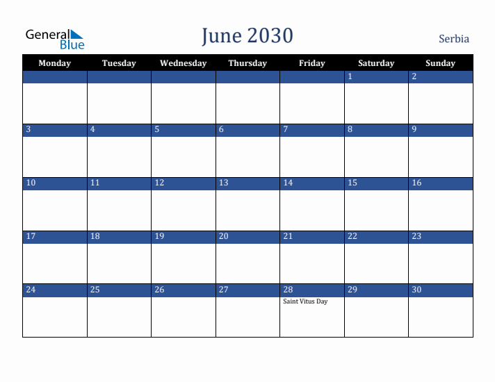 June 2030 Serbia Calendar (Monday Start)