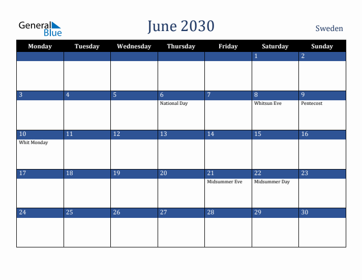 June 2030 Sweden Calendar (Monday Start)