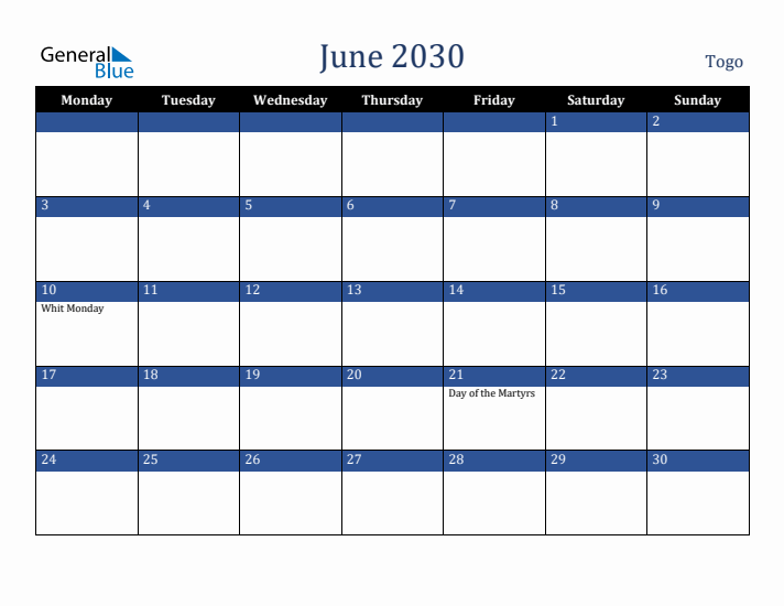 June 2030 Togo Calendar (Monday Start)
