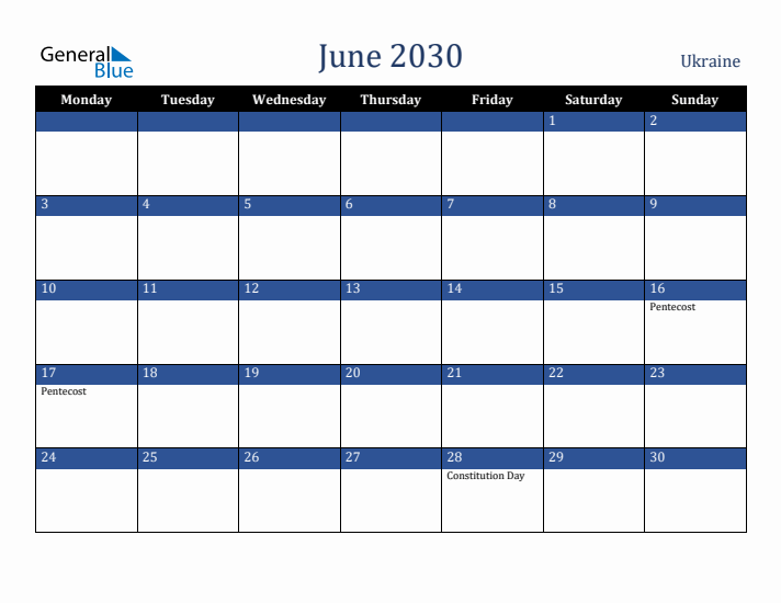 June 2030 Ukraine Calendar (Monday Start)