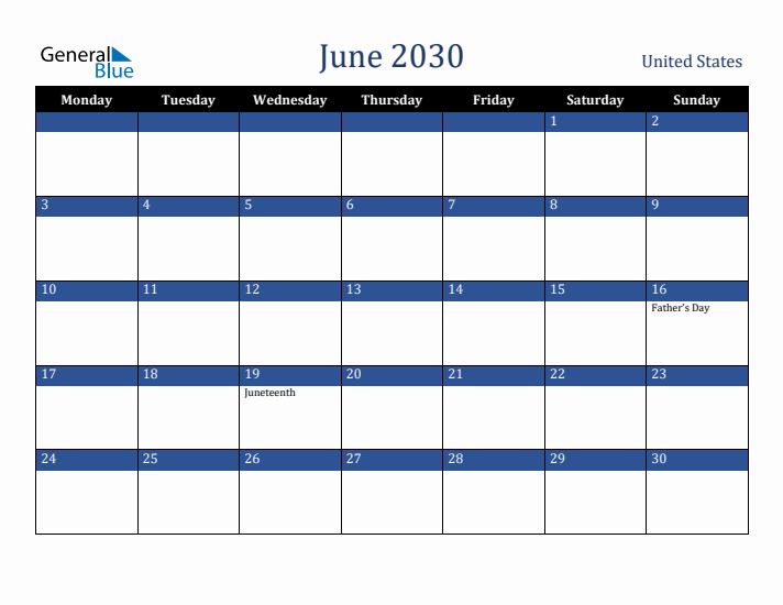 June 2030 United States Calendar (Monday Start)