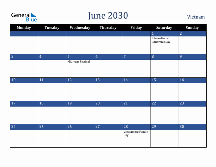 June 2030 Vietnam Calendar (Monday Start)