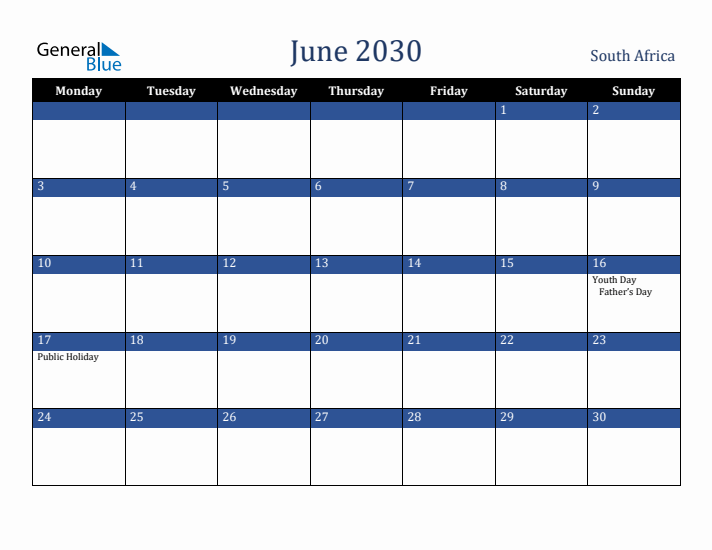 June 2030 South Africa Calendar (Monday Start)