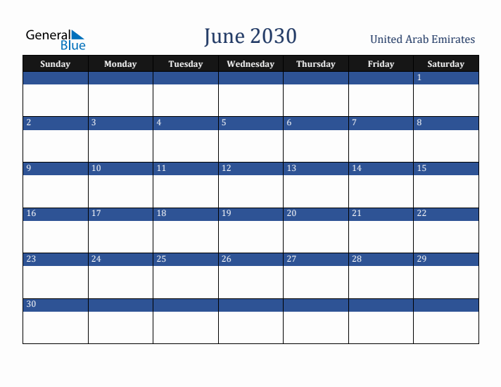 June 2030 United Arab Emirates Calendar (Sunday Start)
