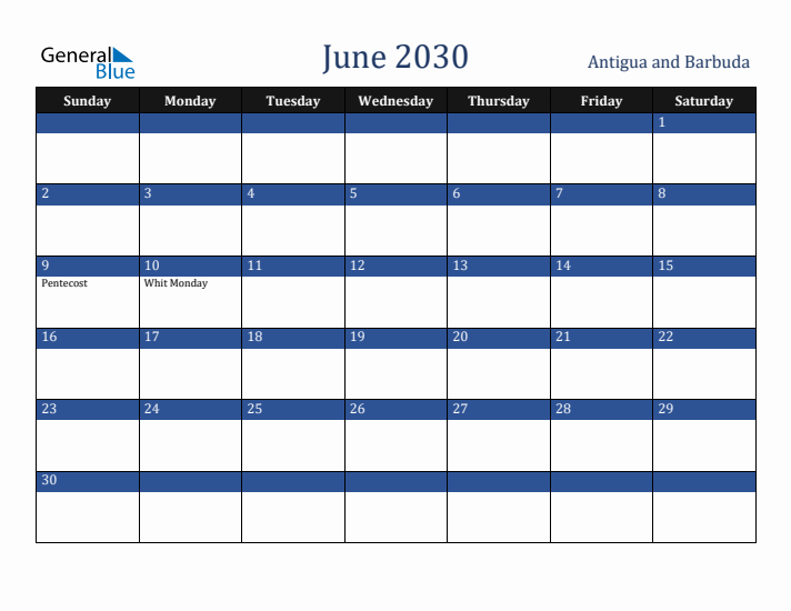 June 2030 Antigua and Barbuda Calendar (Sunday Start)