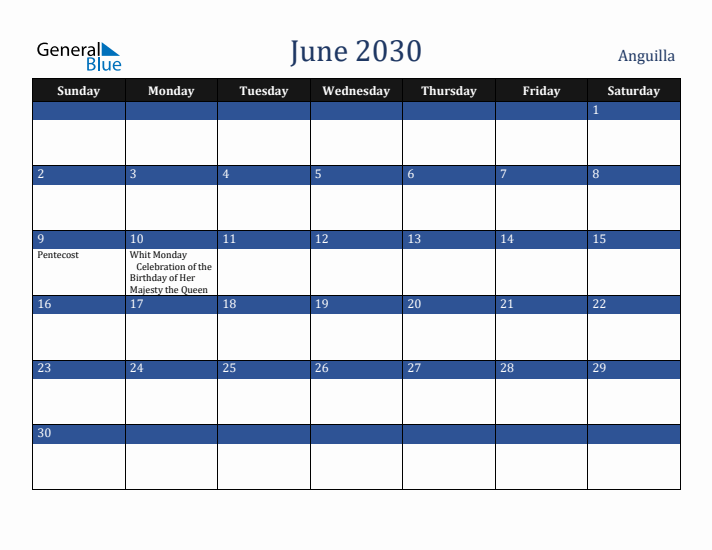 June 2030 Anguilla Calendar (Sunday Start)