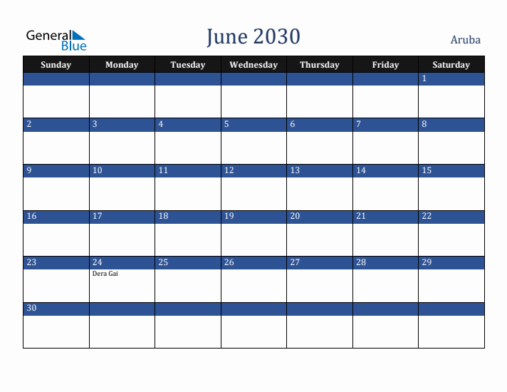 June 2030 Aruba Calendar (Sunday Start)