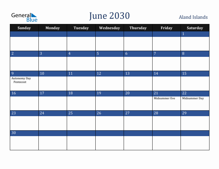 June 2030 Aland Islands Calendar (Sunday Start)
