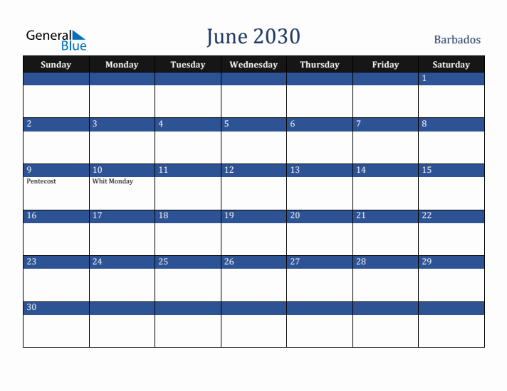June 2030 Barbados Calendar (Sunday Start)