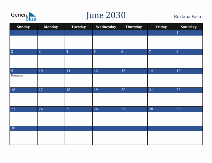 June 2030 Burkina Faso Calendar (Sunday Start)