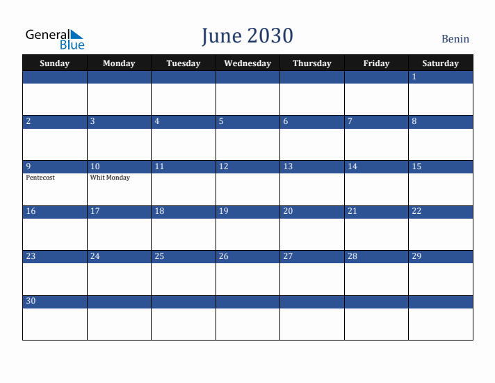 June 2030 Benin Calendar (Sunday Start)