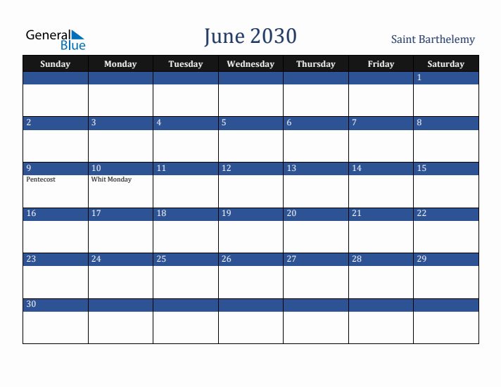 June 2030 Saint Barthelemy Calendar (Sunday Start)