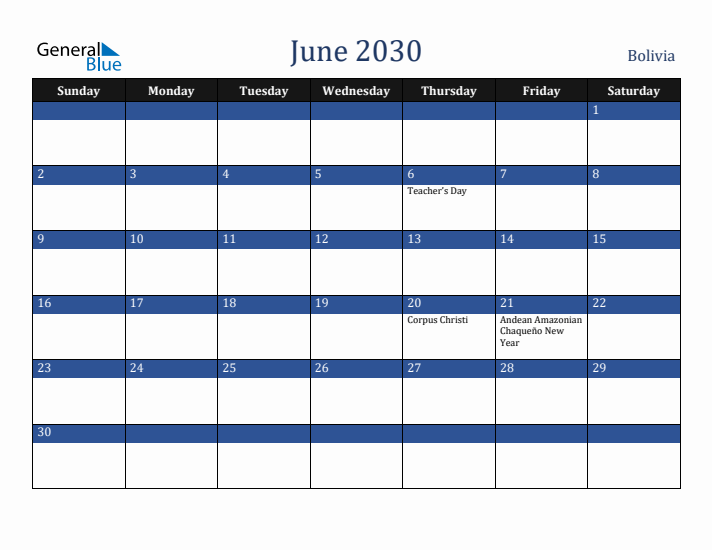June 2030 Bolivia Calendar (Sunday Start)