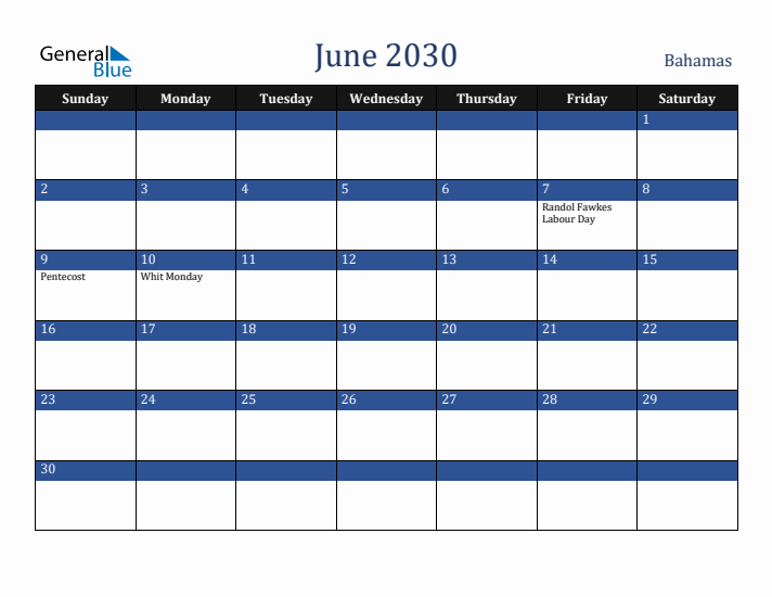 June 2030 Bahamas Calendar (Sunday Start)