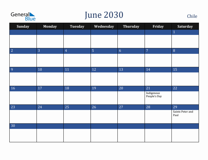 June 2030 Chile Calendar (Sunday Start)