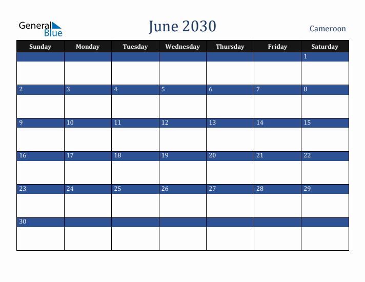 June 2030 Cameroon Calendar (Sunday Start)