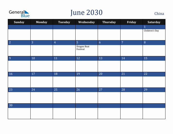 June 2030 China Calendar (Sunday Start)