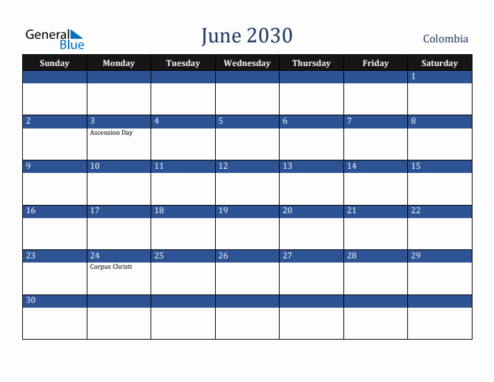 June 2030 Colombia Calendar (Sunday Start)