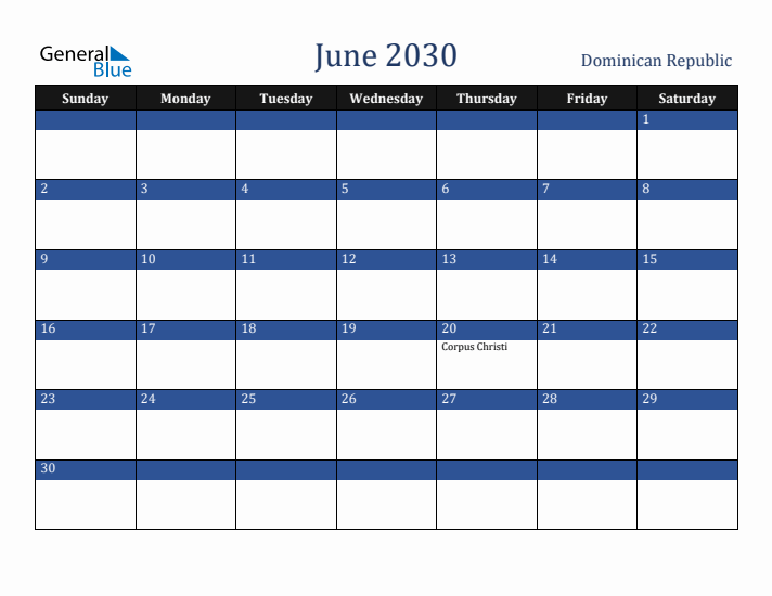 June 2030 Dominican Republic Calendar (Sunday Start)