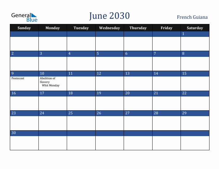 June 2030 French Guiana Calendar (Sunday Start)