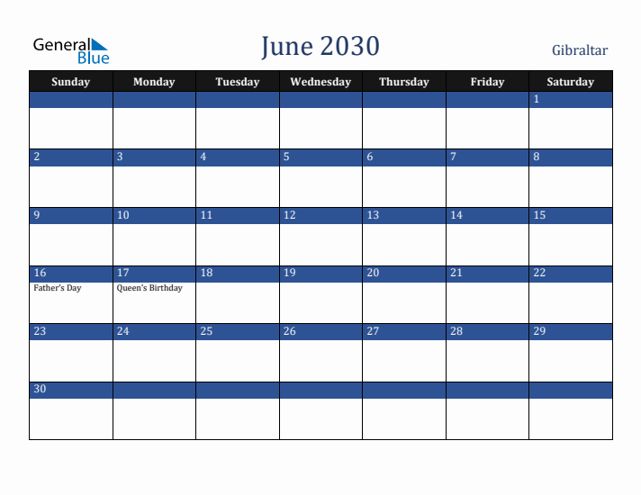 June 2030 Gibraltar Calendar (Sunday Start)