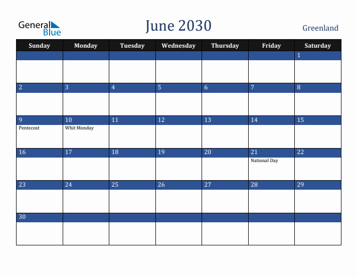 June 2030 Greenland Calendar (Sunday Start)