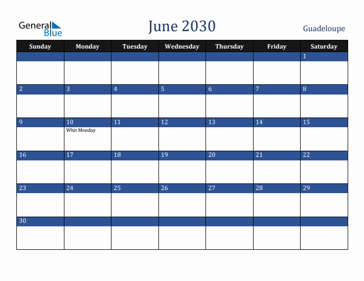 June 2030 Guadeloupe Calendar (Sunday Start)