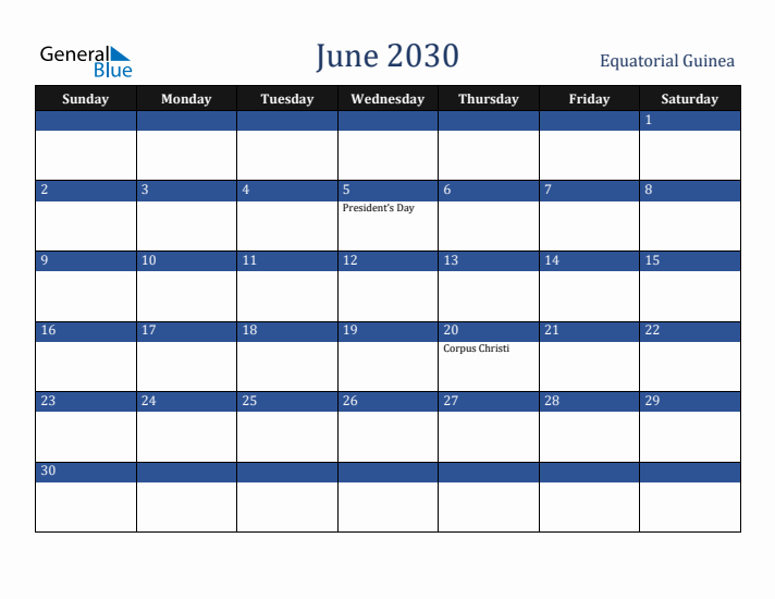 June 2030 Equatorial Guinea Calendar (Sunday Start)