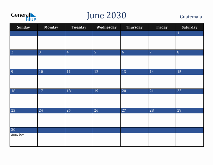 June 2030 Guatemala Calendar (Sunday Start)