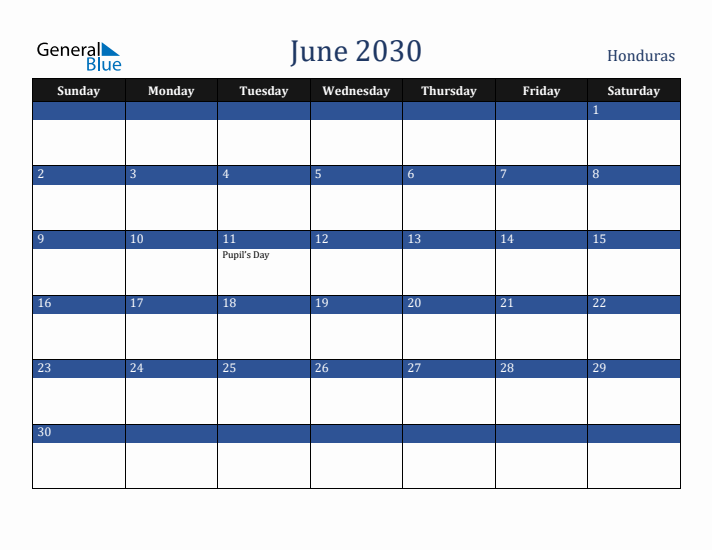June 2030 Honduras Calendar (Sunday Start)
