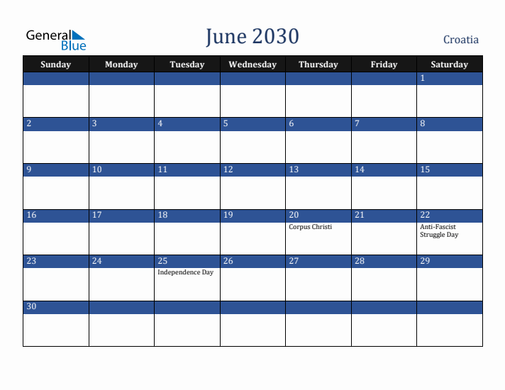 June 2030 Croatia Calendar (Sunday Start)