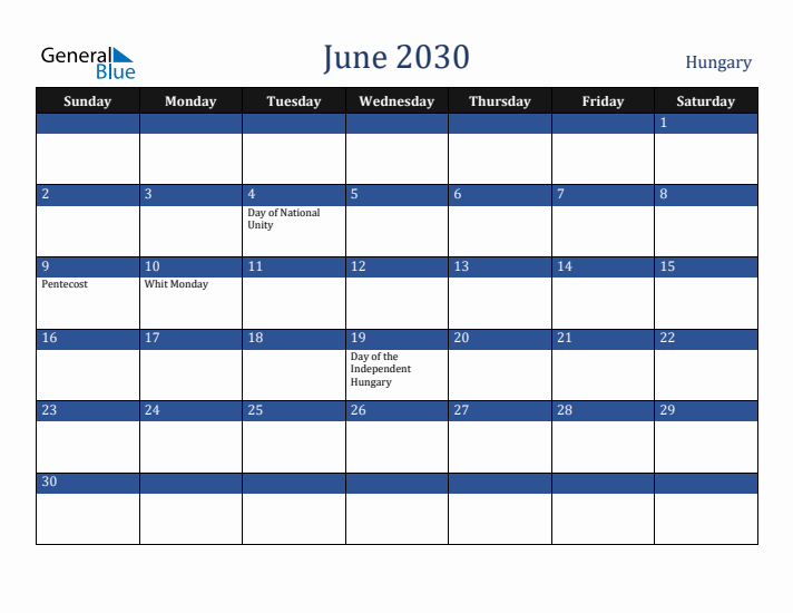 June 2030 Hungary Calendar (Sunday Start)