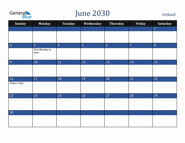June 2030 Ireland Calendar (Sunday Start)