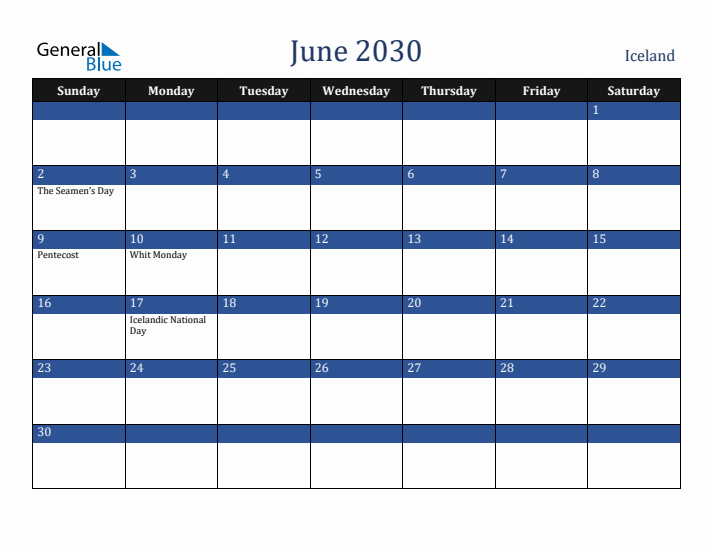 June 2030 Iceland Calendar (Sunday Start)
