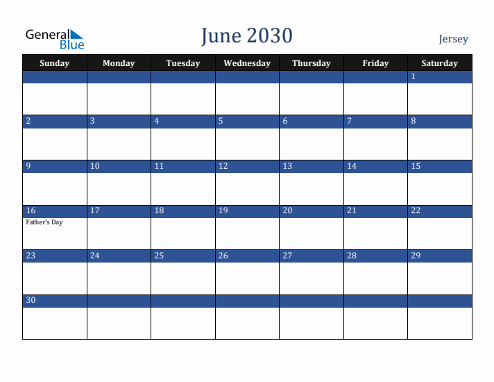 June 2030 Jersey Calendar (Sunday Start)