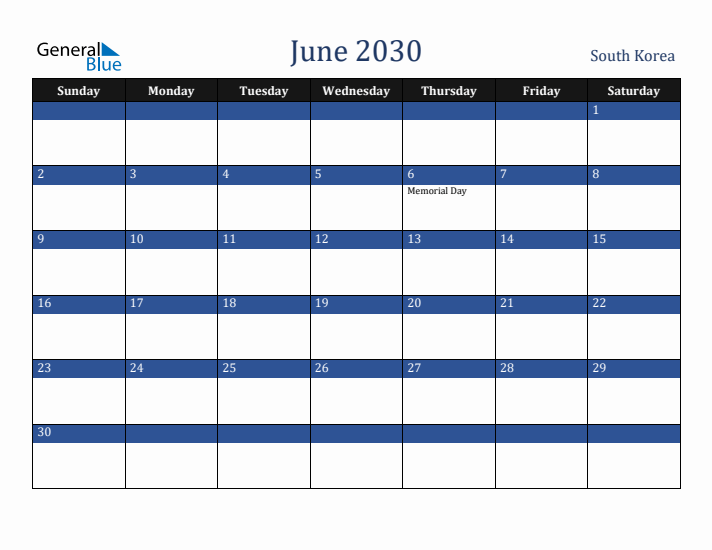 June 2030 South Korea Calendar (Sunday Start)