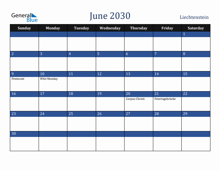 June 2030 Liechtenstein Calendar (Sunday Start)