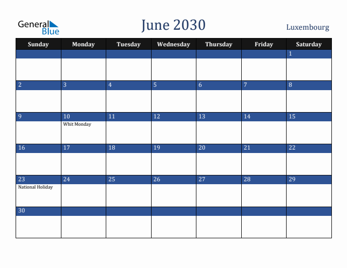 June 2030 Luxembourg Calendar (Sunday Start)