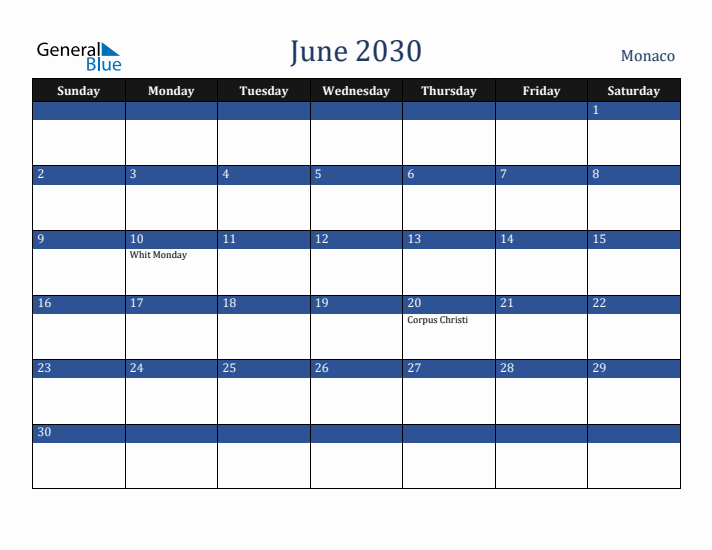 June 2030 Monaco Calendar (Sunday Start)