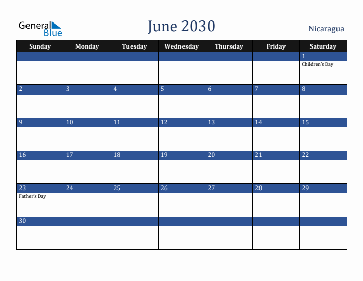 June 2030 Nicaragua Calendar (Sunday Start)
