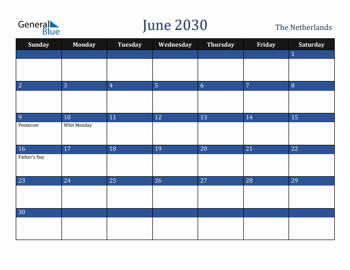 June 2030 The Netherlands Calendar (Sunday Start)