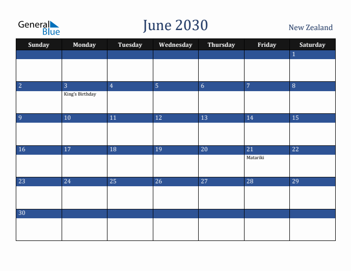 June 2030 New Zealand Calendar (Sunday Start)