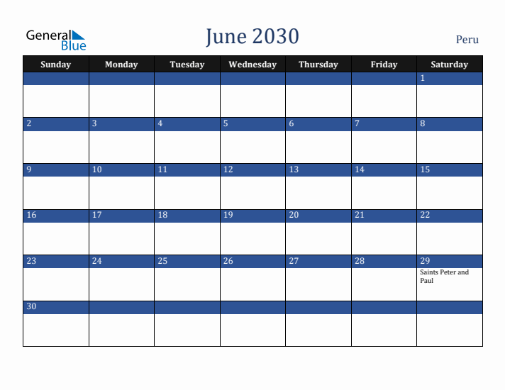 June 2030 Peru Calendar (Sunday Start)