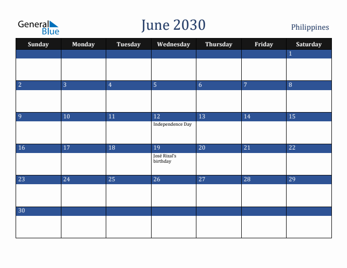 June 2030 Philippines Calendar (Sunday Start)