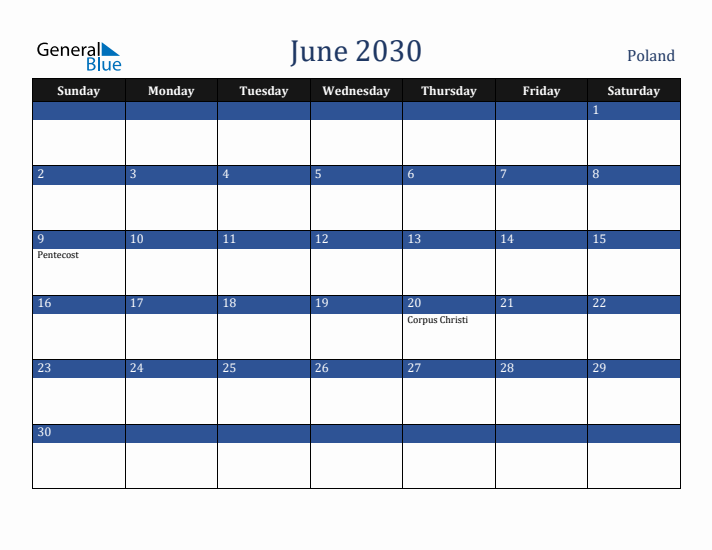 June 2030 Poland Calendar (Sunday Start)