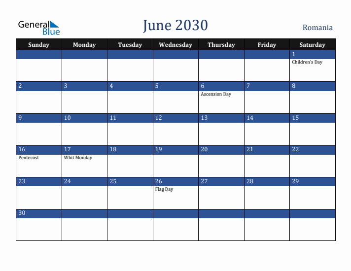 June 2030 Romania Calendar (Sunday Start)
