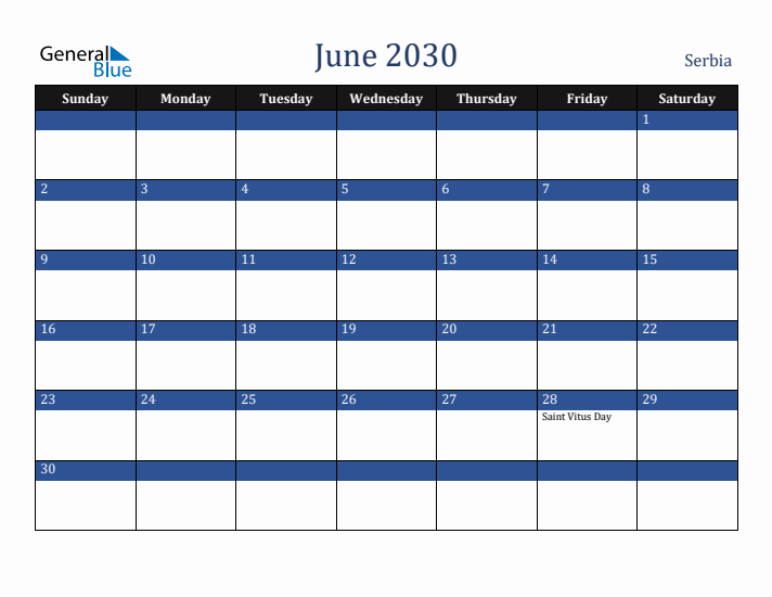 June 2030 Serbia Calendar (Sunday Start)