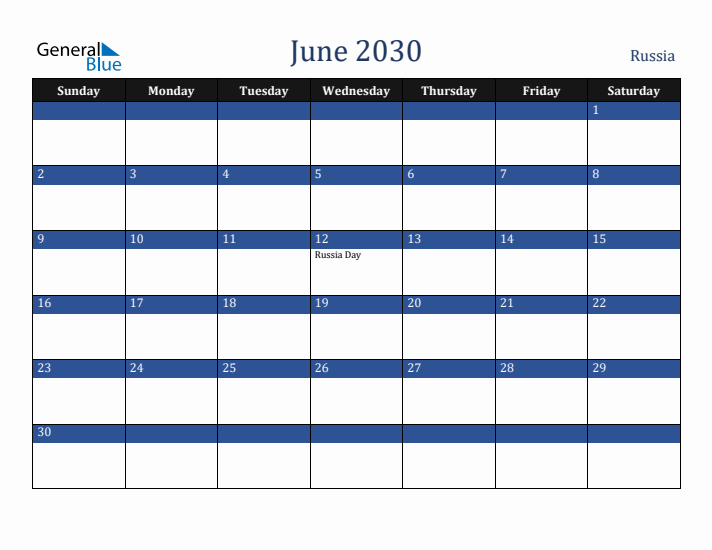 June 2030 Russia Calendar (Sunday Start)